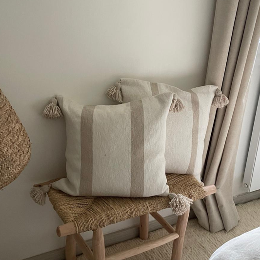 Housse de coussin tissée à la main 100 % coton - Blanc avec rayures écrues