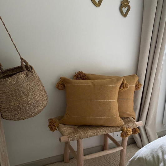 Housse de coussin tissée à la main 100 % coton - Moutarde avec fil argenté