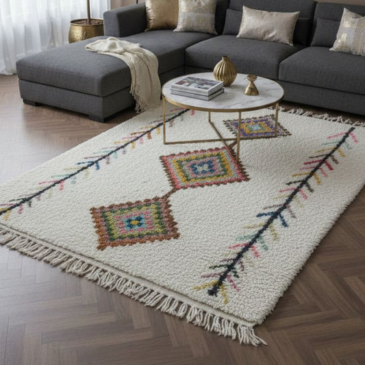 Tapis laine blanc motifs multicolore
