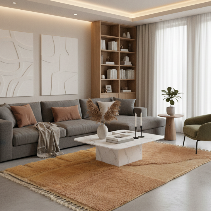 Tapis laine rose poudrée