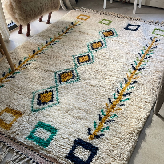 Tapis Azilal écru losanges bleu et jaune - A316