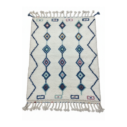 Tapis laine écru motifs bleus