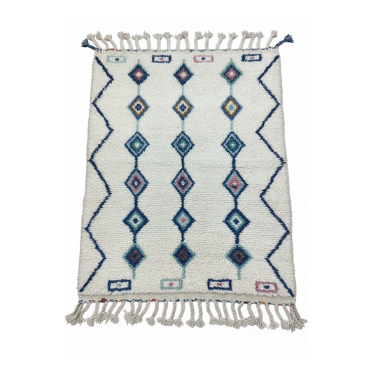 Tapis laine écru motifs bleus