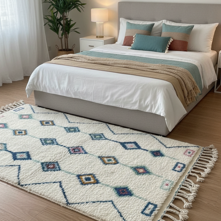 Tapis laine blanc motif bleu