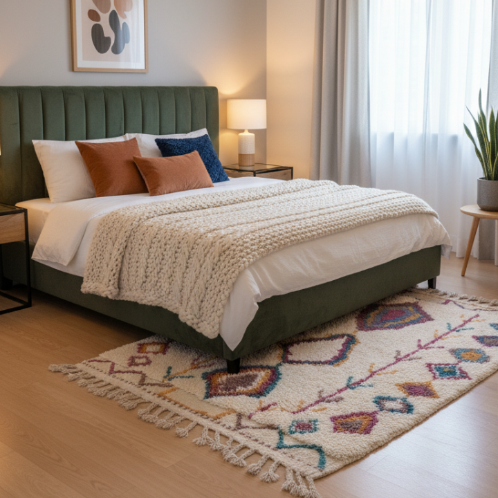 Tapis laine blanc avec des motifs colorés 