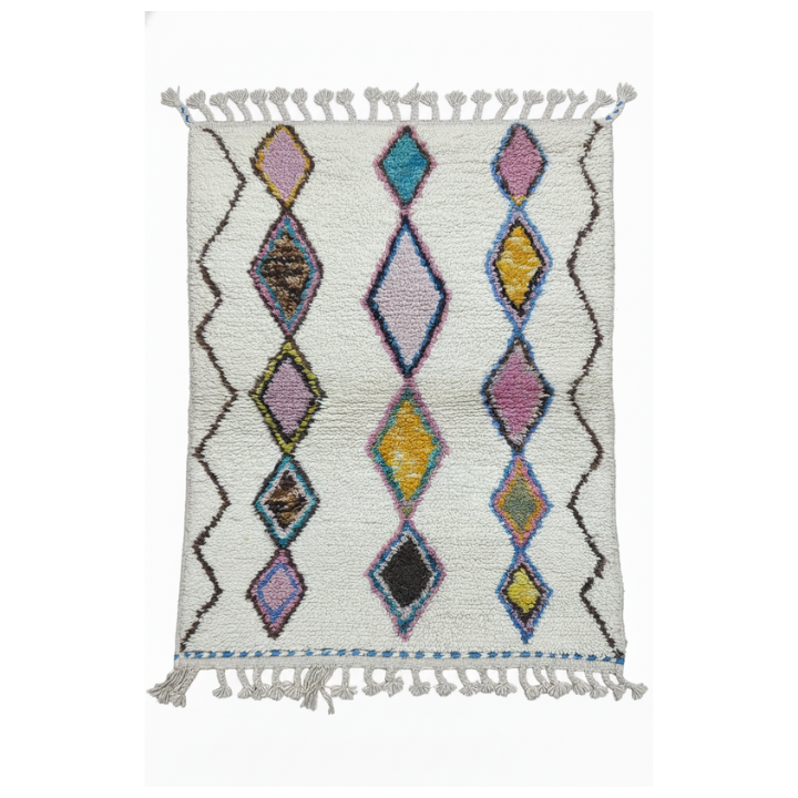 Tapis laine blanc motifs colorés
