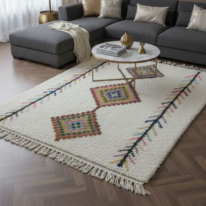 Tapis laine blanc motifs multicolore